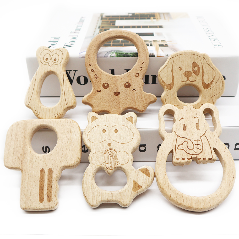 Natural Beech Wood Animal Teether Pendant DIY Baby Teething Gym Toys DMF 